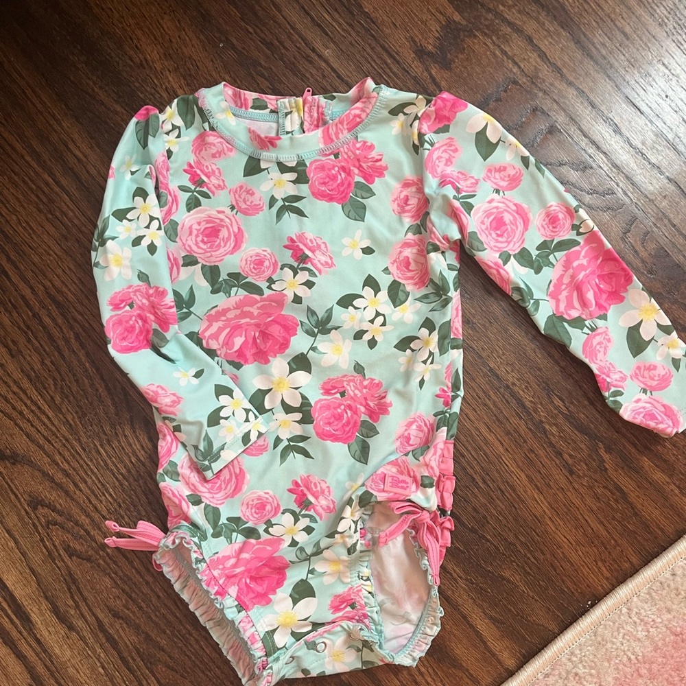 Ruffle Butts Floral Long Sleeve Swimsuit - Pink and Green